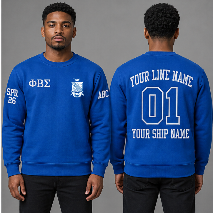 Phi Beta Sigma Royal Blue crewneck sweatshirt on an adult model, White Greek letters ΦΒΣ, original supplied crest, sample line name, line number 01 and ship name, right sleeve SPR 26 and left sleeve ABC.