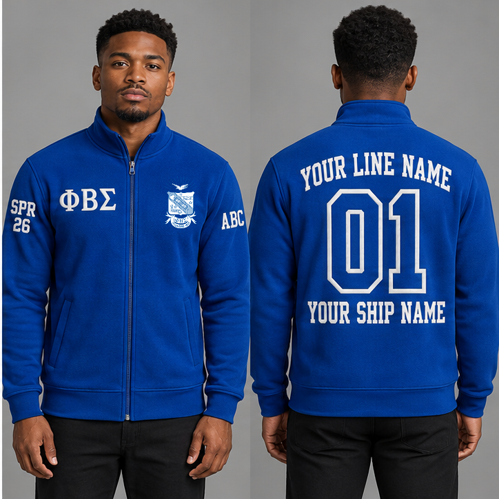 Phi Beta Sigma Royal Blue and White personalized full-zip sweatshirt on an adult model, original supplied crest and ΦΒΣ letters, sample line name, line number01, ship name, crossing year and chapter initials.