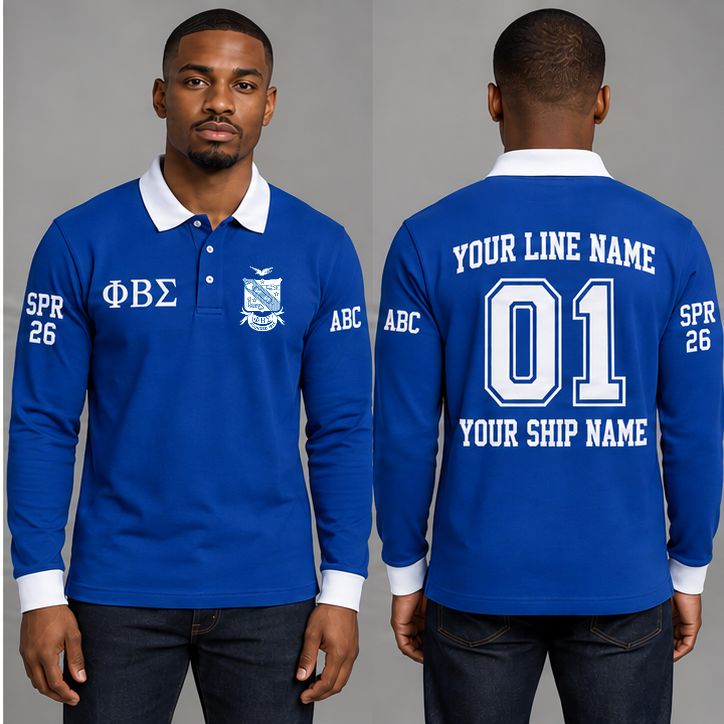 Phi Beta Sigma long sleeve polo in Royal Blue and White on an adult model, original supplied crest and ΦΒΣ letters, sample line name, number 01, ship name, crossing year and chapter initials.