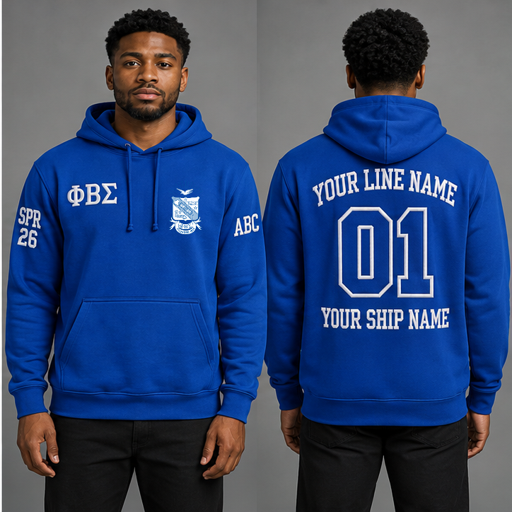 Phi Beta Sigma Royal Blue and White personalized pullover hoodie on an adult model, original supplied crest and ΦΒΣ letters, sample line name, line number 01, ship name, crossing year and chapter initials.