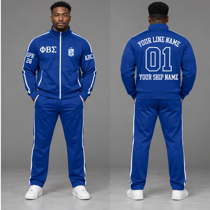 Phi Beta Sigma Royal Blue and White personalized track suit on an adult model, original supplied crest and ΦΒΣ letters, sample line name, line number 01, ship name, crossing year and chapter initials.