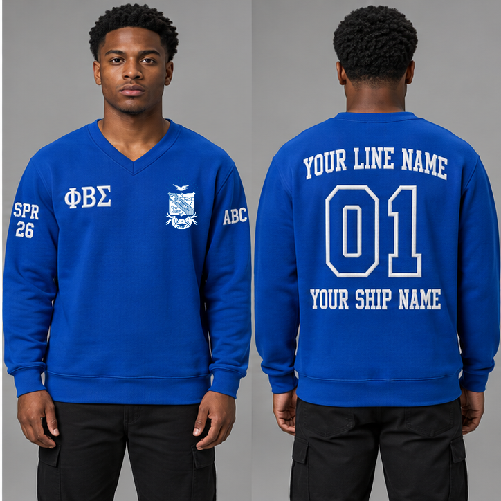 Phi Beta Sigma Royal Blue V-neck sweatshirt on an adult model with White Greek letters ΦΒΣ, original supplied crest, sample line name, number 01 and ship name, crossing year and chapter initials on sleeves.