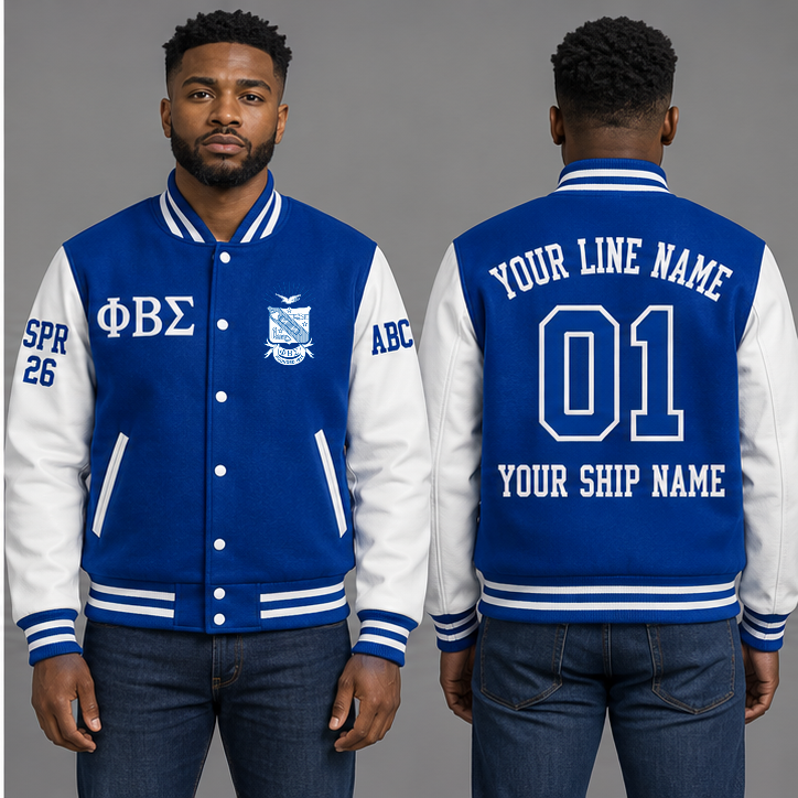 Phi Beta Sigma Royal Blue and White personalized wool varsity jacket on an adult model, original supplied crest and ΦΒΣ letters, sample line name, line number 01, ship name, crossing year and chapter initials.