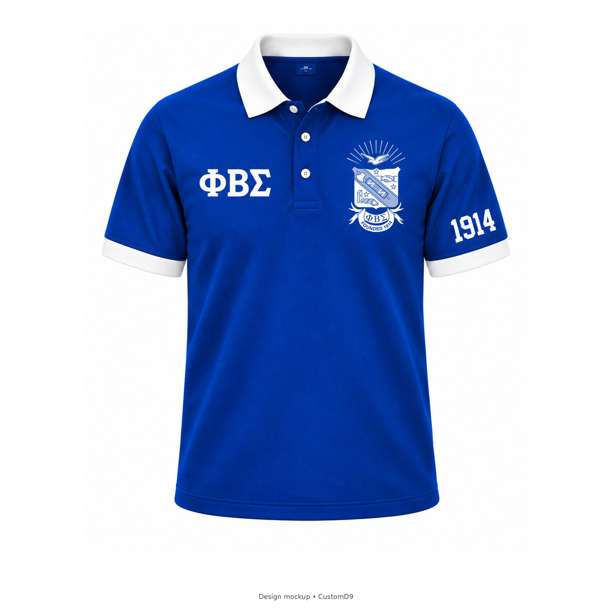 Design mockup: Phi Beta Sigma men's royal blue contrast polo with white trim, official shield on left chest, small Greek letters and 1914 on the wearer's left sleeve