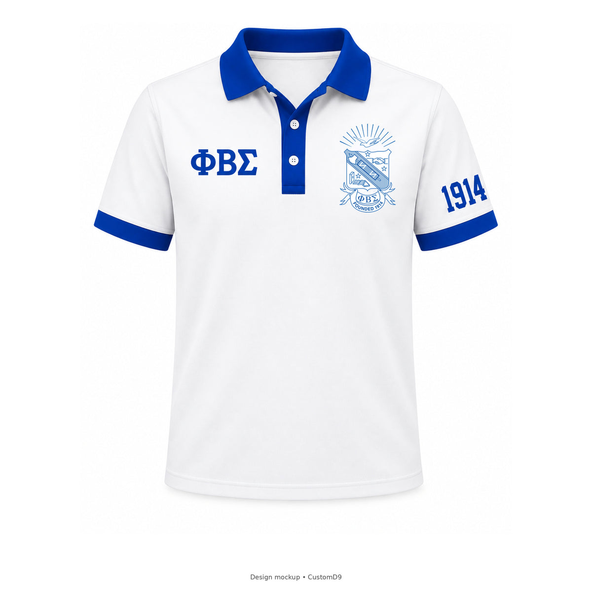 Design mockup: Phi Beta Sigma men's white contrast polo with royal blue trim, official left-chest shield, small Greek letters and 1914 on the wearer's left sleeve