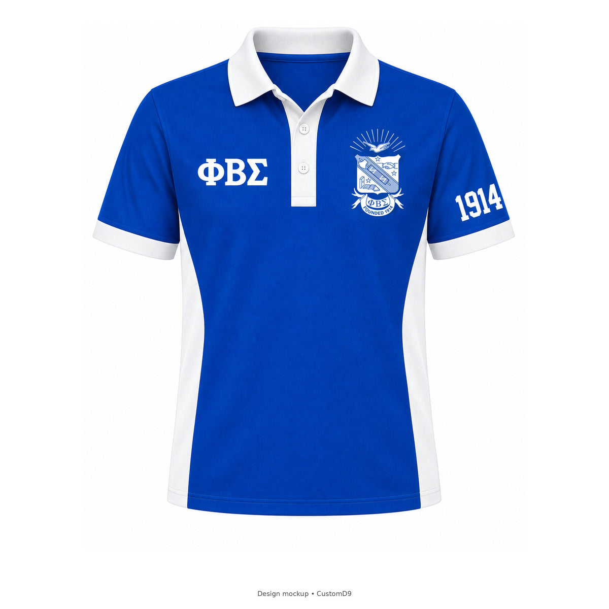 Design mockup: Phi Beta Sigma men's straight-sided royal blue panel polo, white side inserts and trim, official shield and 1914 left sleeve