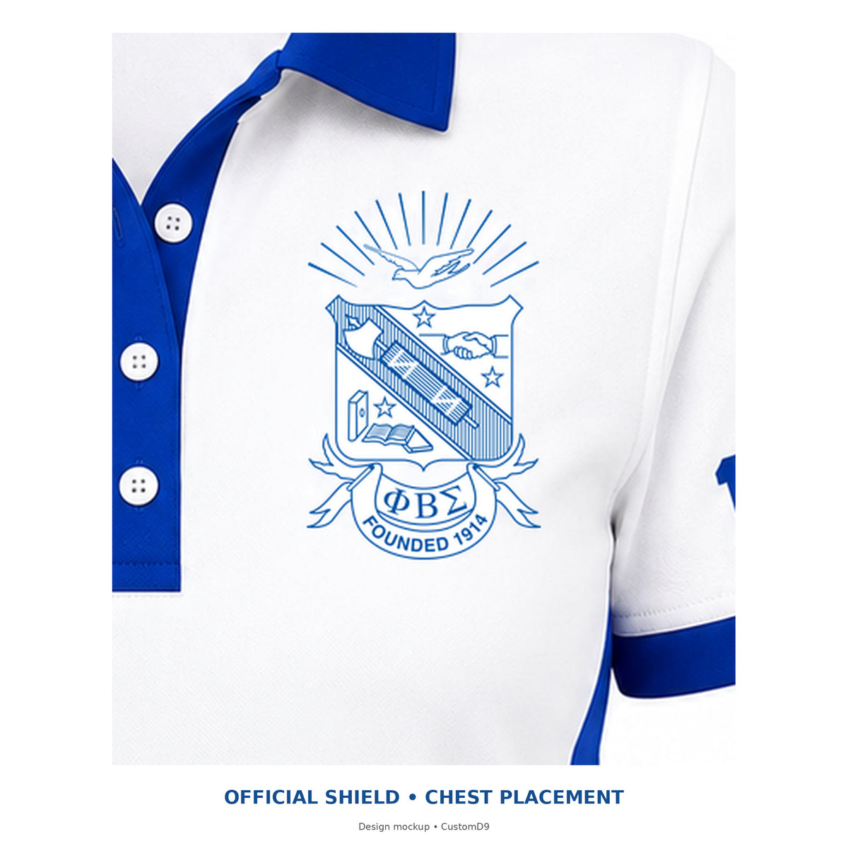 Digital mockup close-up of the original Phi Beta Sigma shield on the white panel polo's left chest