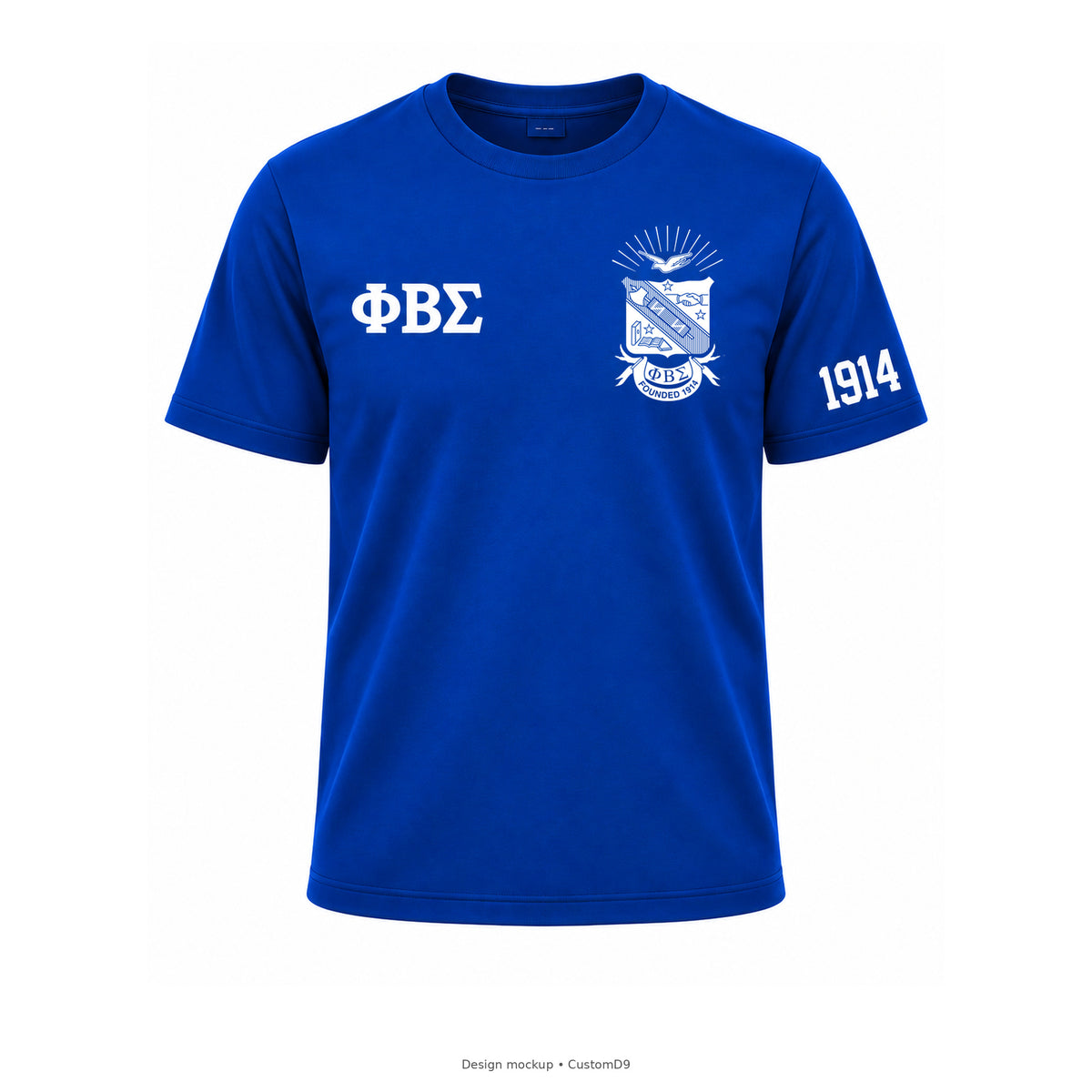 Design mockup: royal blue Phi Beta Sigma crewneck T-shirt with official left-chest shield, small white Greek letters and 1914 on wearer's left sleeve
