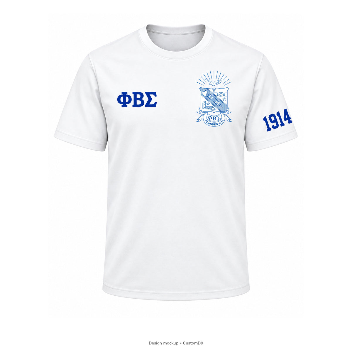 Design mockup: white Phi Beta Sigma crewneck T-shirt with official left-chest shield, small royal blue Greek letters and 1914 on wearer's left sleeve