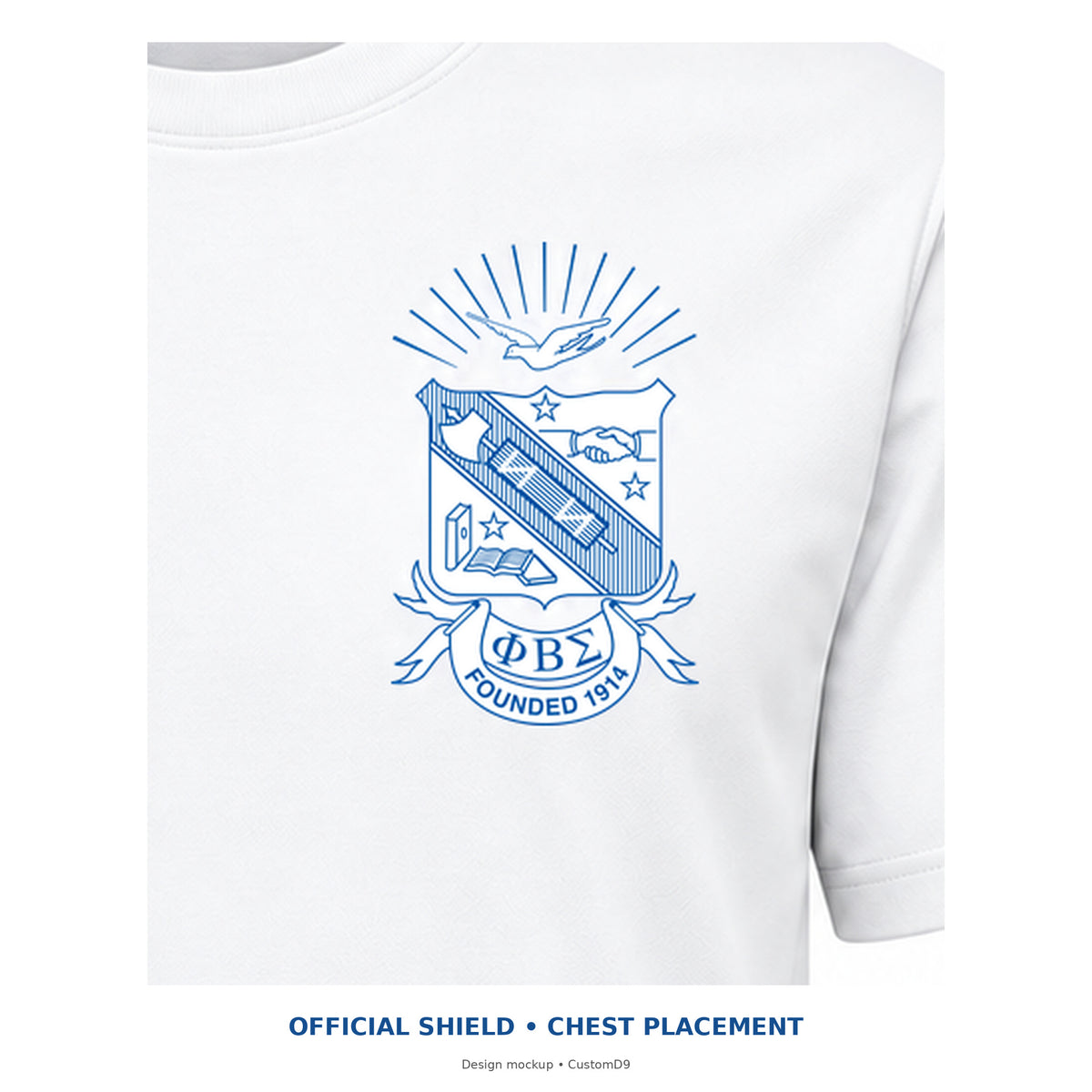 Digital artwork placement detail of the original Phi Beta Sigma shield on the white T-shirt's left chest