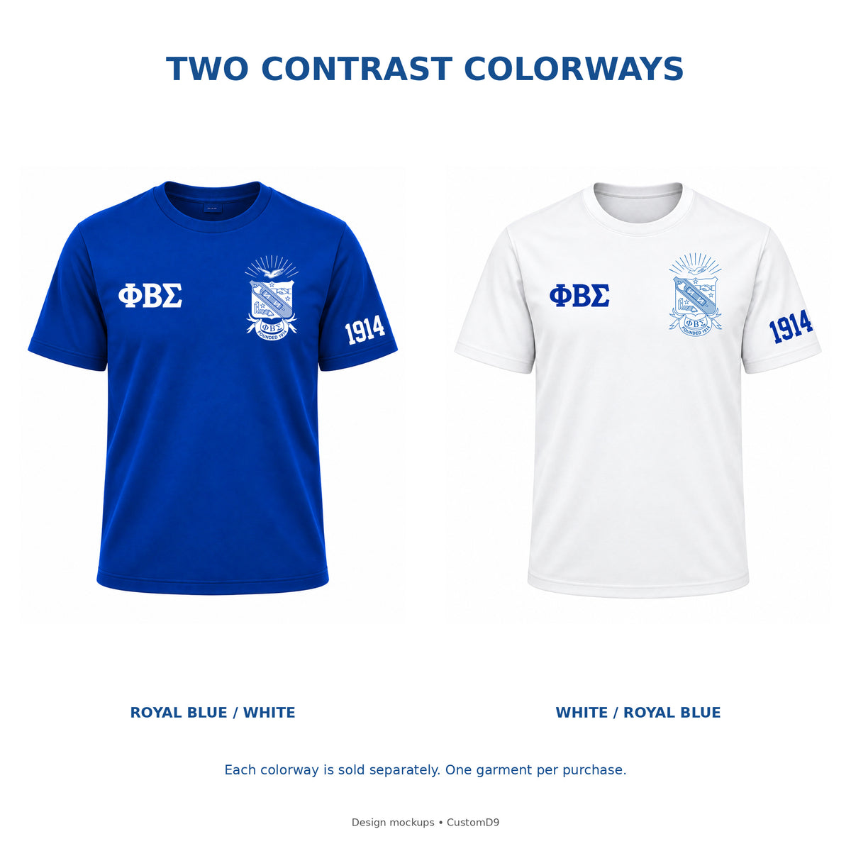 Digital comparison of royal blue and white Phi Beta Sigma T-shirts with reversed artwork colors; each color is sold separately