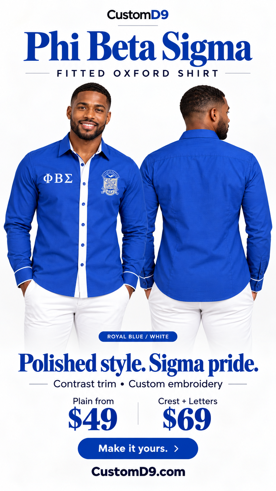 Phi Beta Sigma royal blue and white fitted embroidered Oxford shirt reel-poster, front and back on male model
