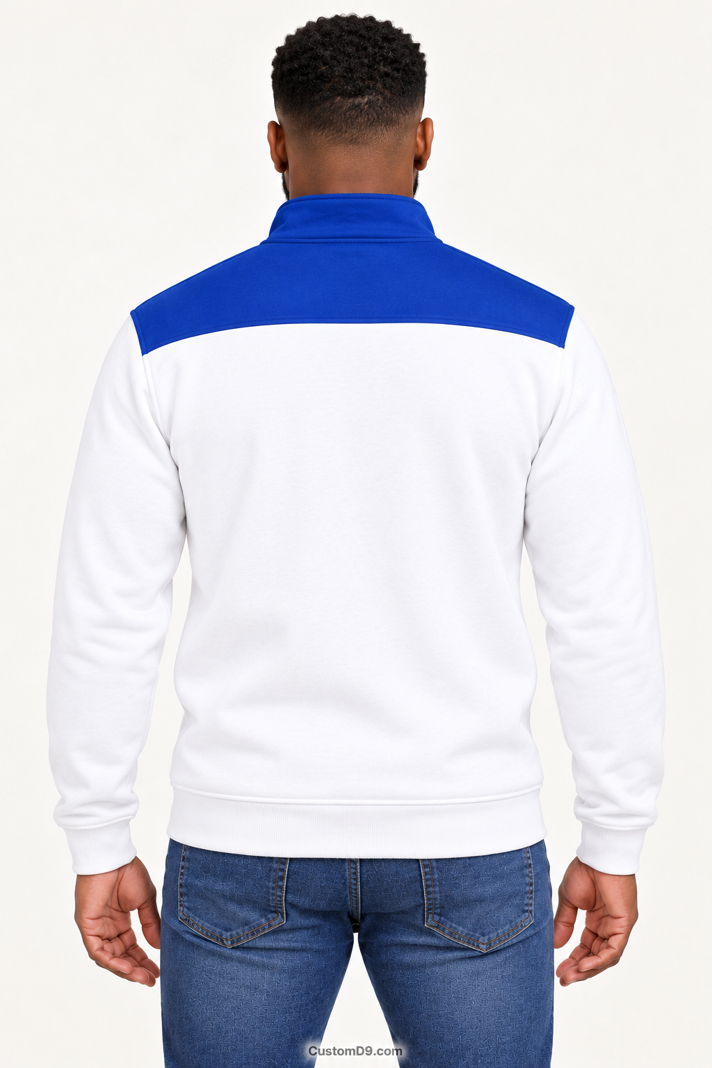 Black male model showing back of Phi Beta Sigma white quarter-zip with royal blue shoulder panel