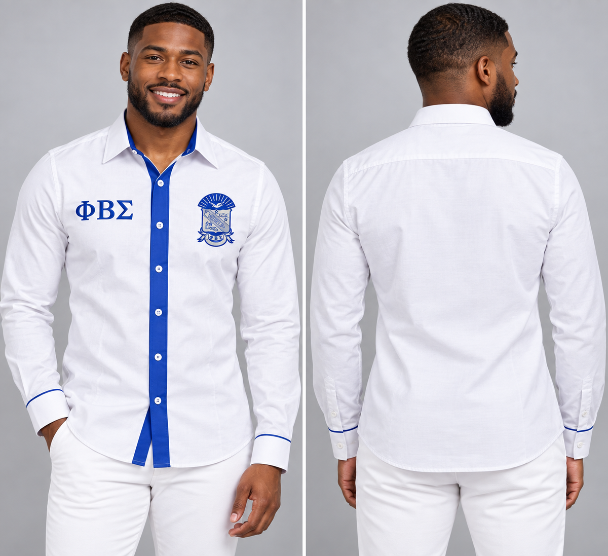 Phi Beta Sigma white and royal blue fitted embroidered Oxford shirt product, front and back on male model