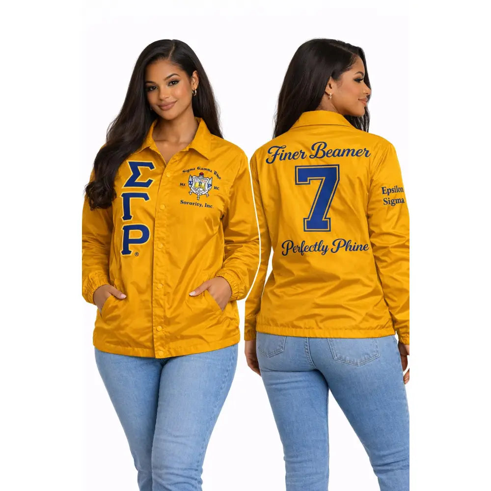Personalized Gold Sigma Gamma Rho Coach Jacket, Custom Line Jacket, Crossing Jacket, Sorority Windbreaker Line Name & Number