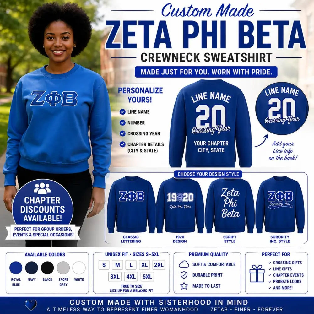 Personalized Zeta Phi Beta Crewneck Sweatshirt Embroidered Sorority Sweatshirt Finer Woman 1920 ZPB Cotton Custom Chapter Order Discount