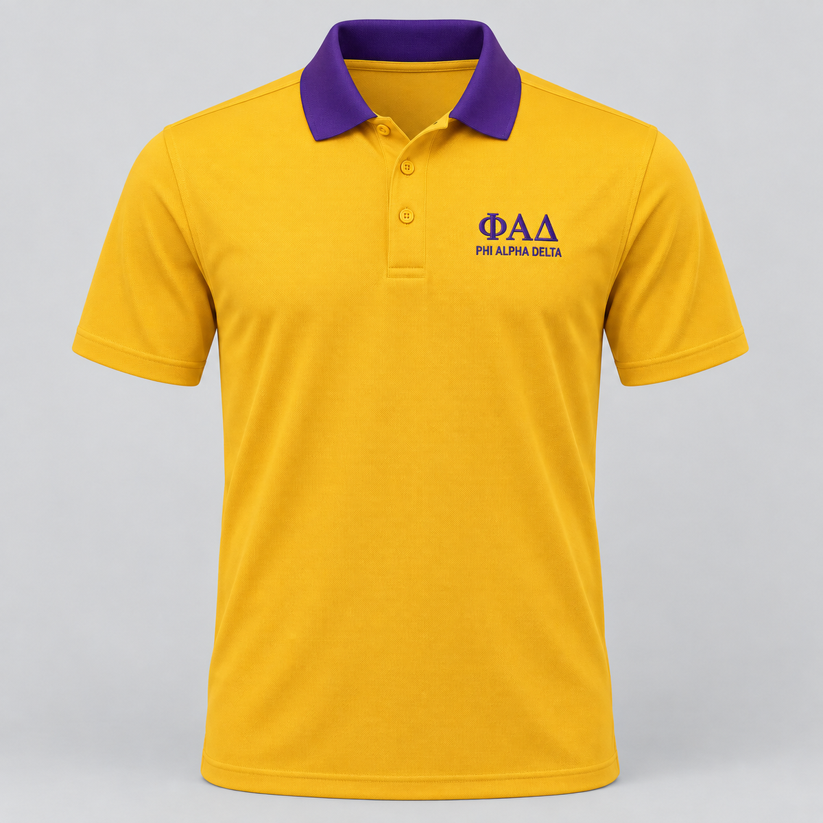 Phi Alpha Delta gold polo with royal purple contrast collar