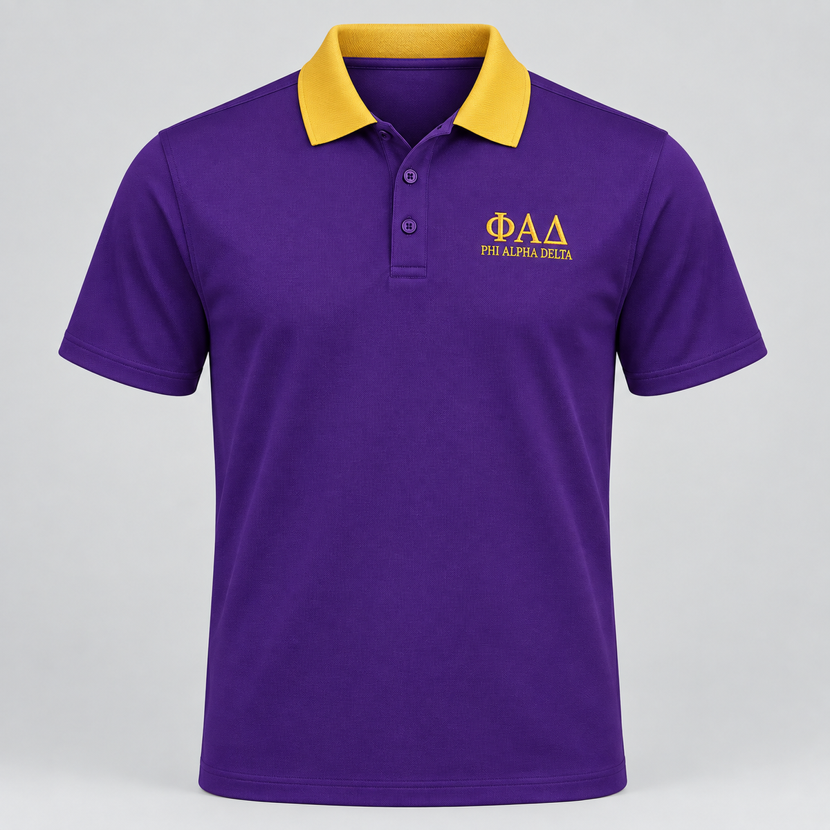 Phi Alpha Delta royal purple polo with gold contrast collar