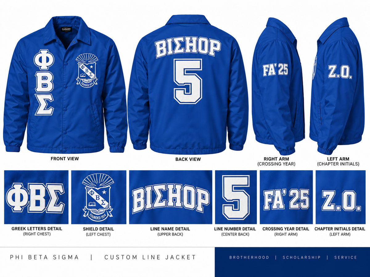 Royal blue Phi Beta Sigma custom line jacket with shield, BIΣHOP line name, number 5, FA 25 and Z.O.