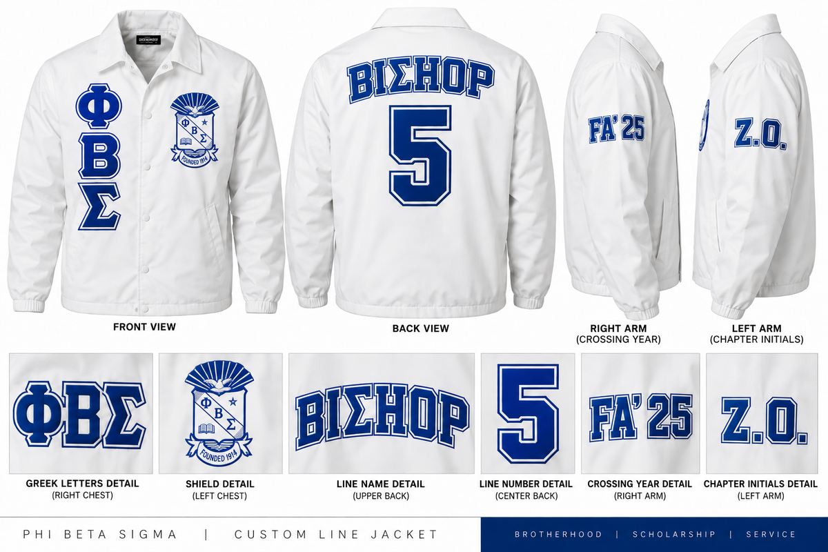 White Phi Beta Sigma custom line jacket with shield, BIΣHOP line name, number 5, FA 25 and Z.O.