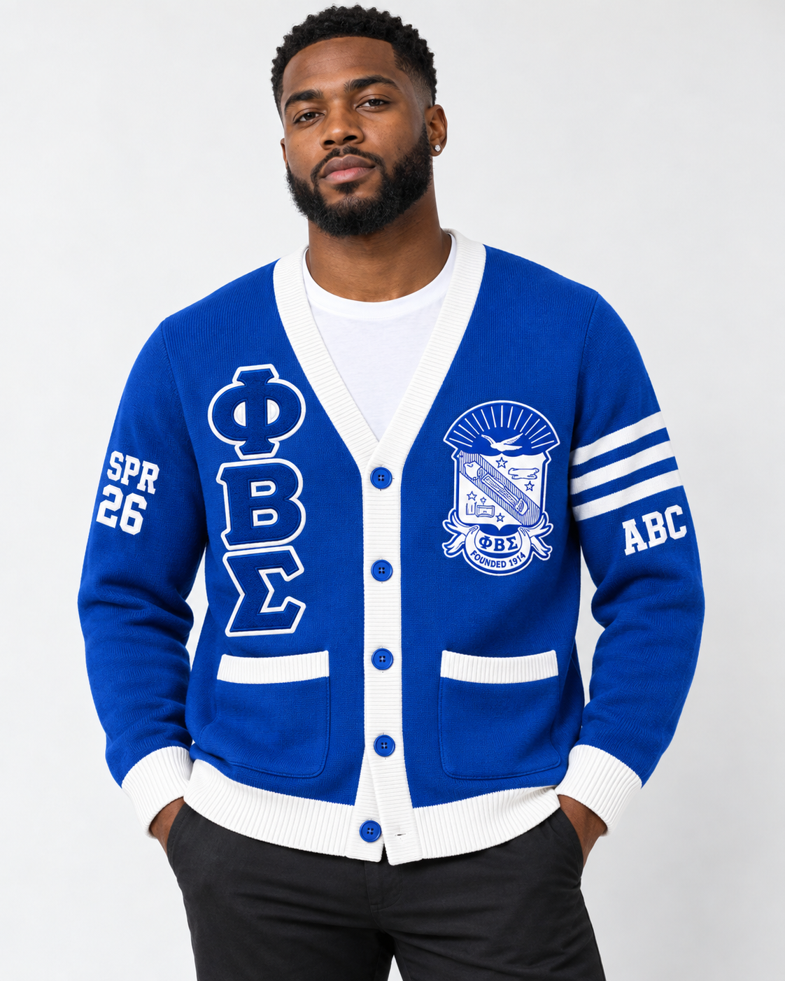 Phi Beta Sigma custom cardigan in royal blue and white shown on model