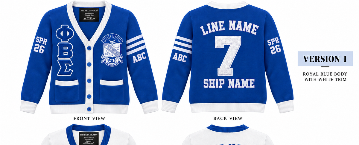 Phi Beta Sigma custom embroidered cardigan royal blue body white trim sample front and back