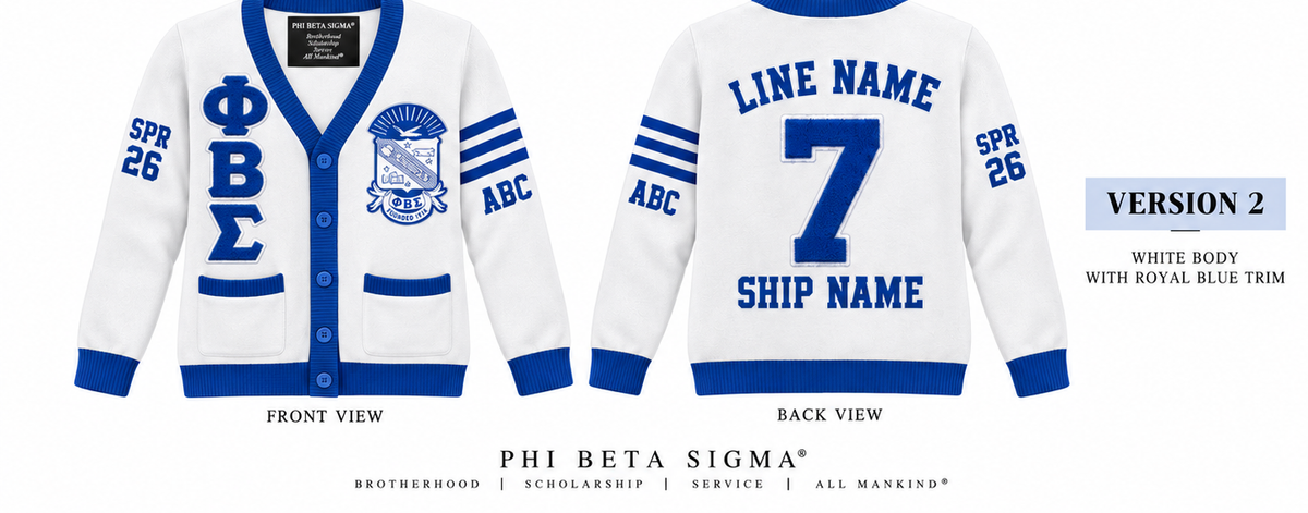 Phi Beta Sigma custom embroidered cardigan white body royal blue trim sample front and back