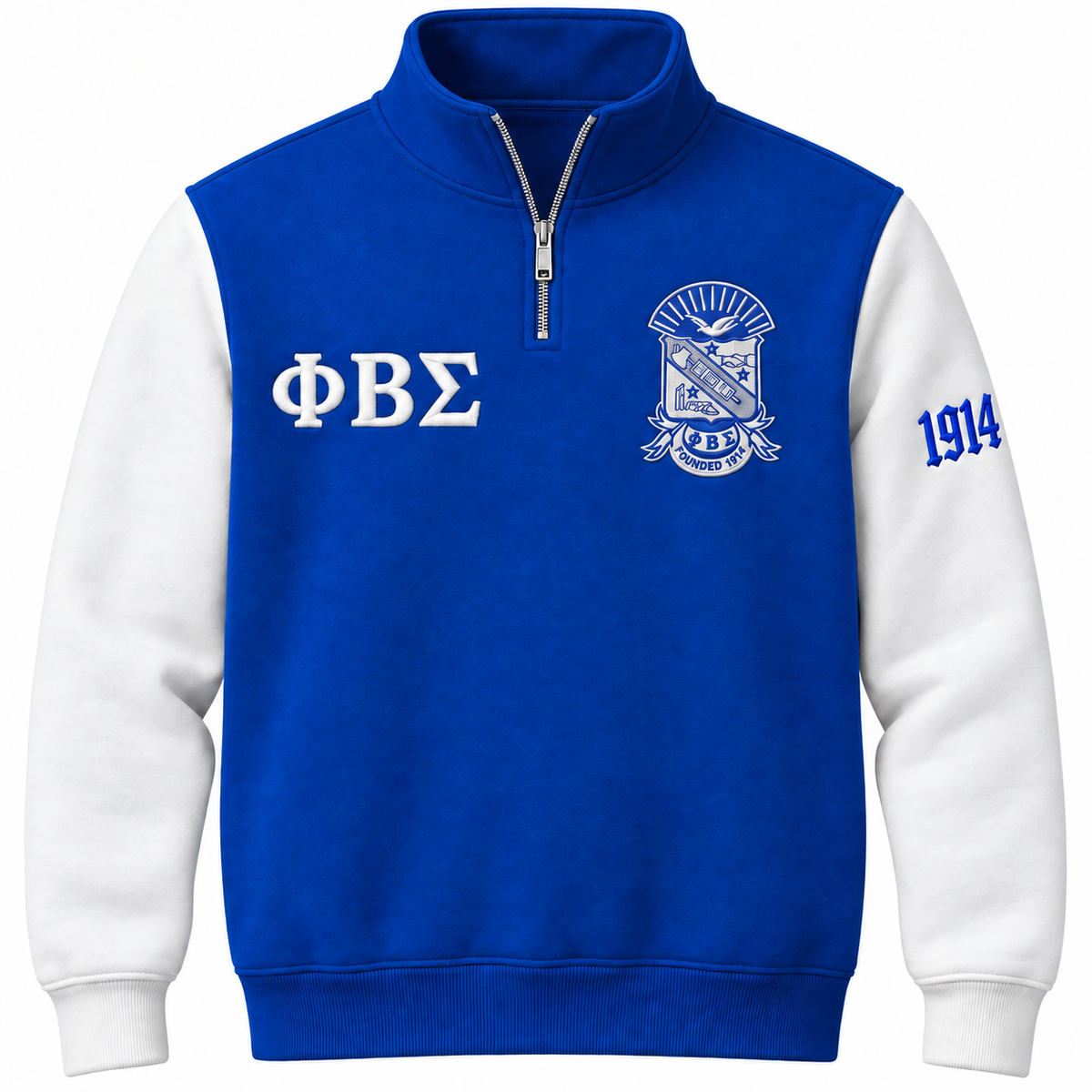 Phi Beta Sigma Custom Embroidered Quarter-Zip Pullover | Royal Blue & White — front view, embroidered crest, Greek letters and founding year