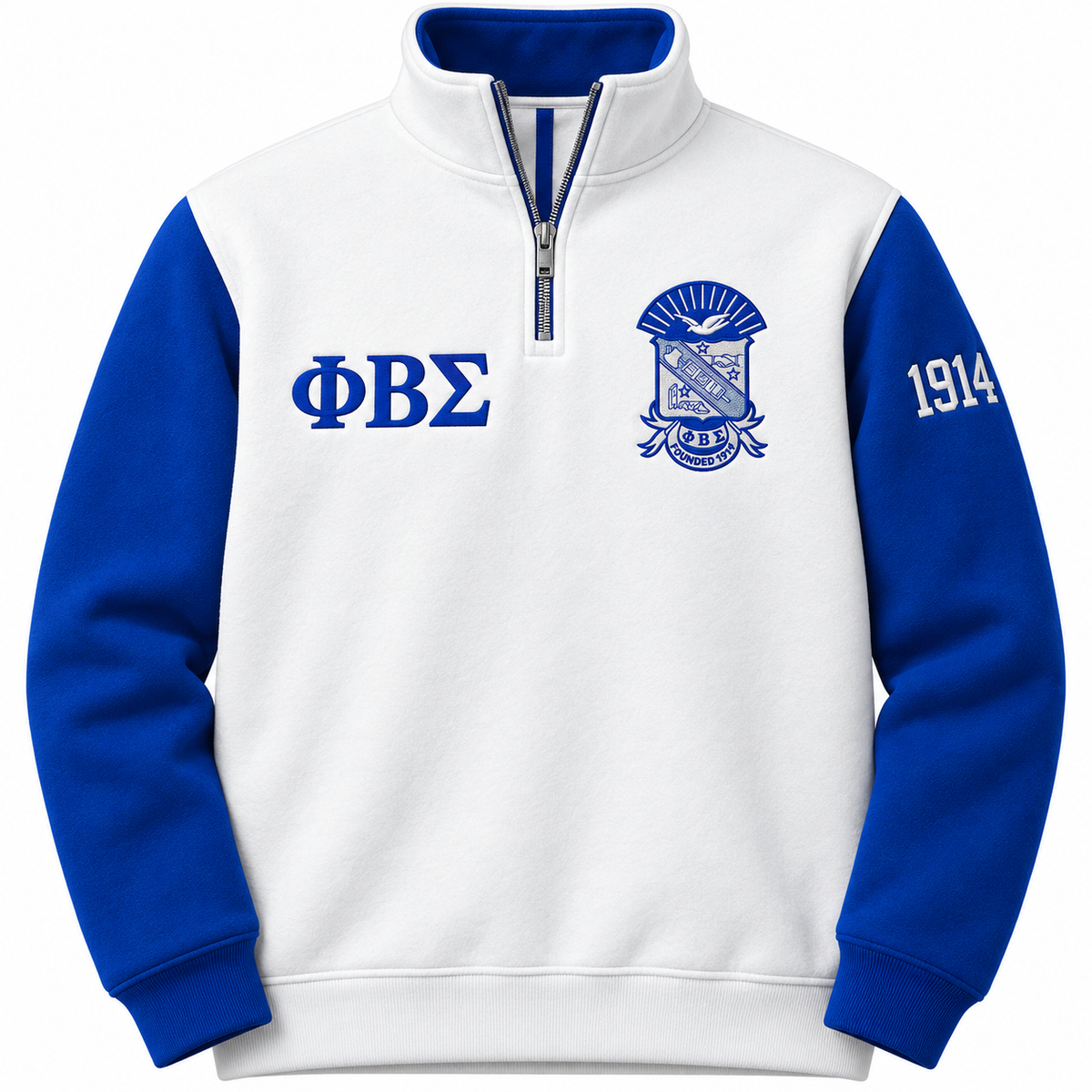 Phi Beta Sigma Custom Embroidered Quarter-Zip Pullover | White & Royal Blue — front view, embroidered crest, Greek letters and founding year