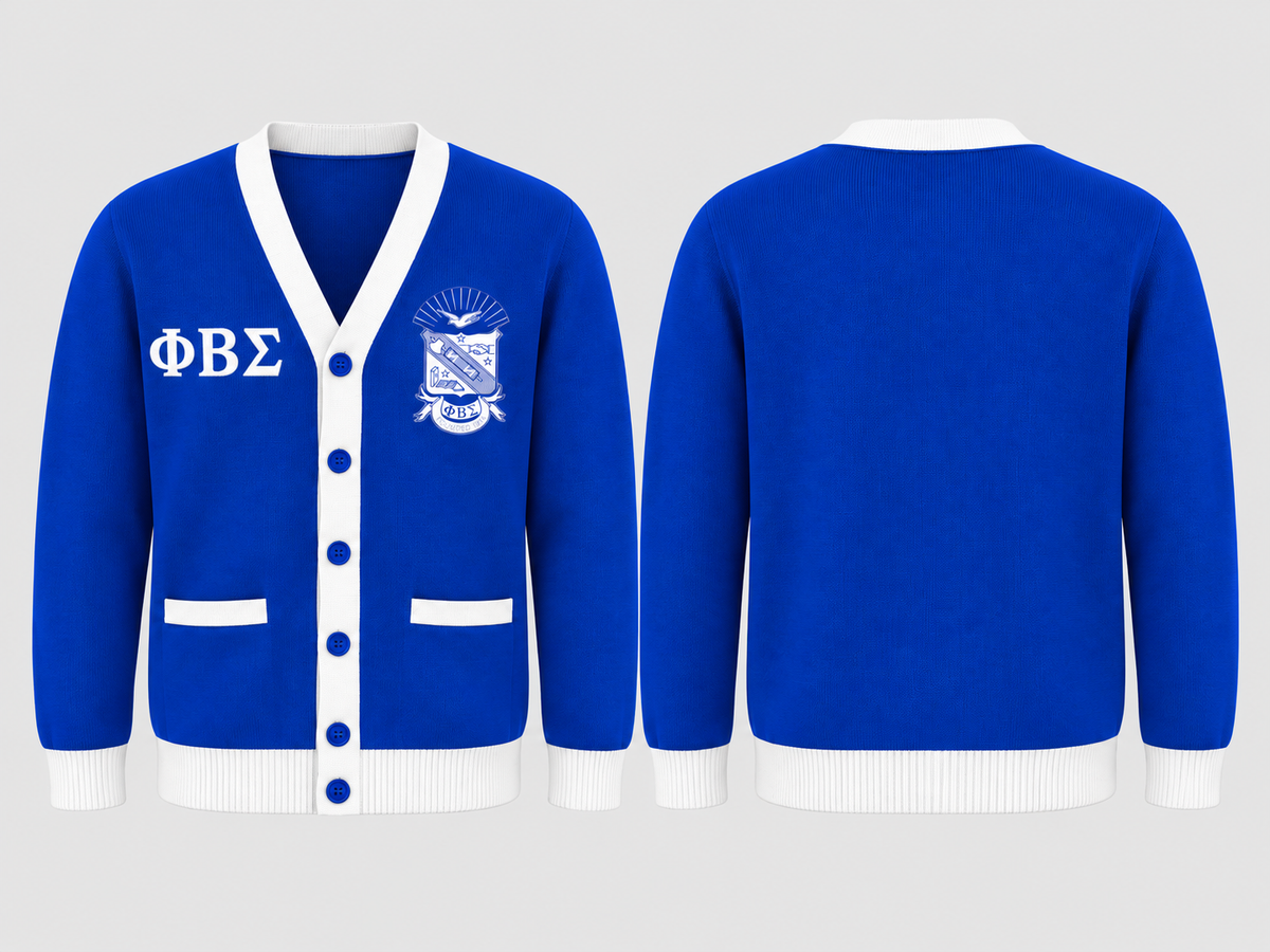 Officially licensed Phi Beta Sigma royal blue and white cardigan with official shield