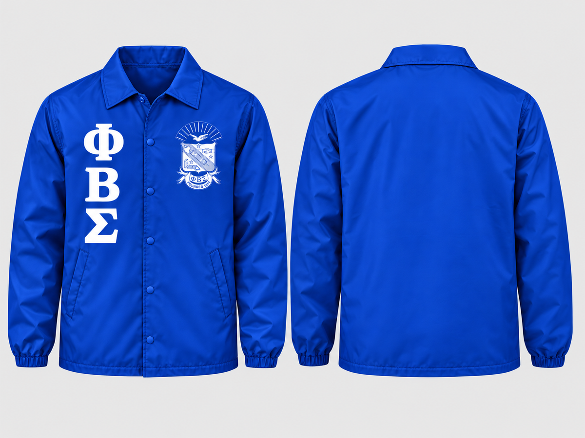 Officially licensed Phi Beta Sigma royal blue coach line jacket with official shield