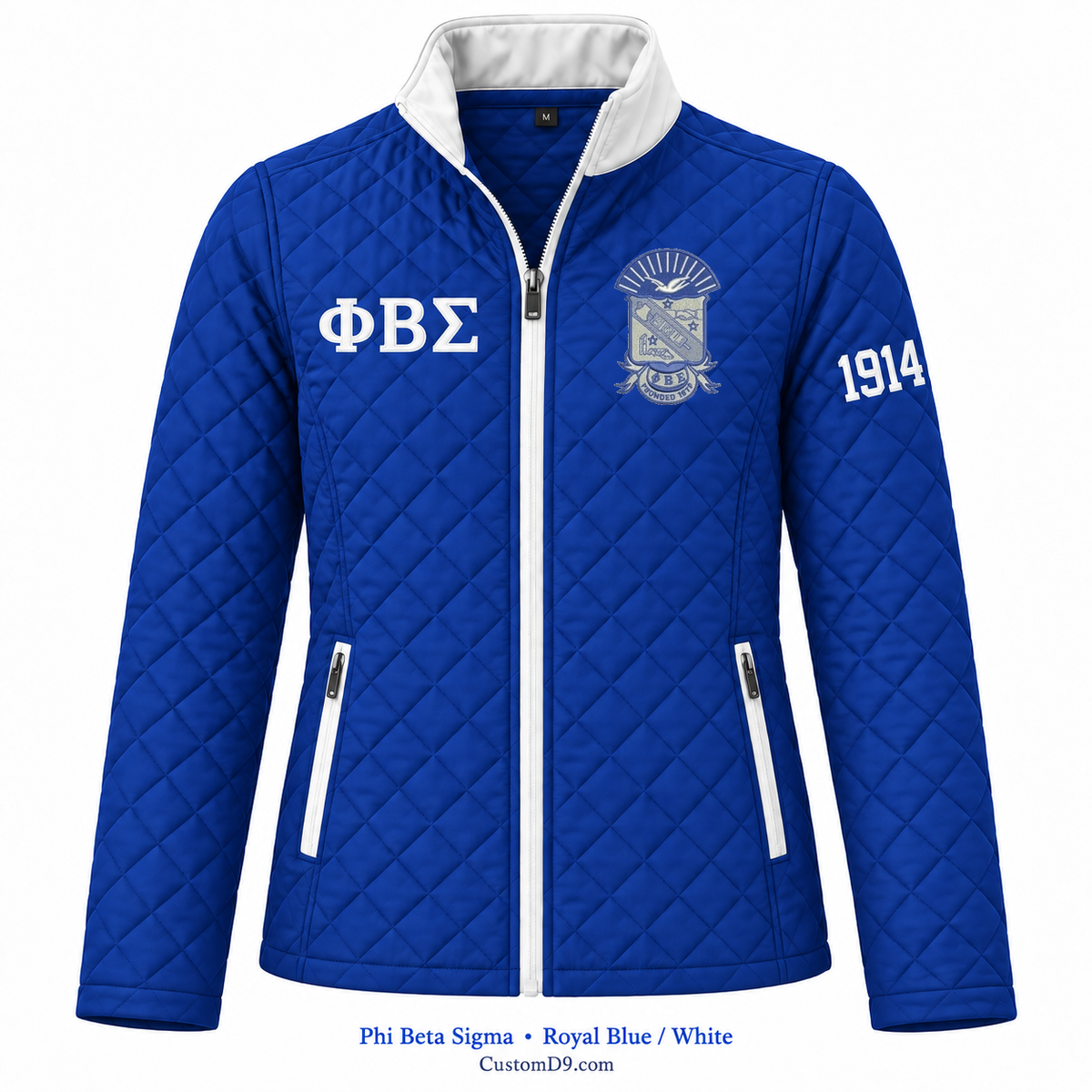 Phi Beta Sigma quilted jacket in Royal Blue and White; original crest, ΦΒΣ and 1914 sleeve customization example