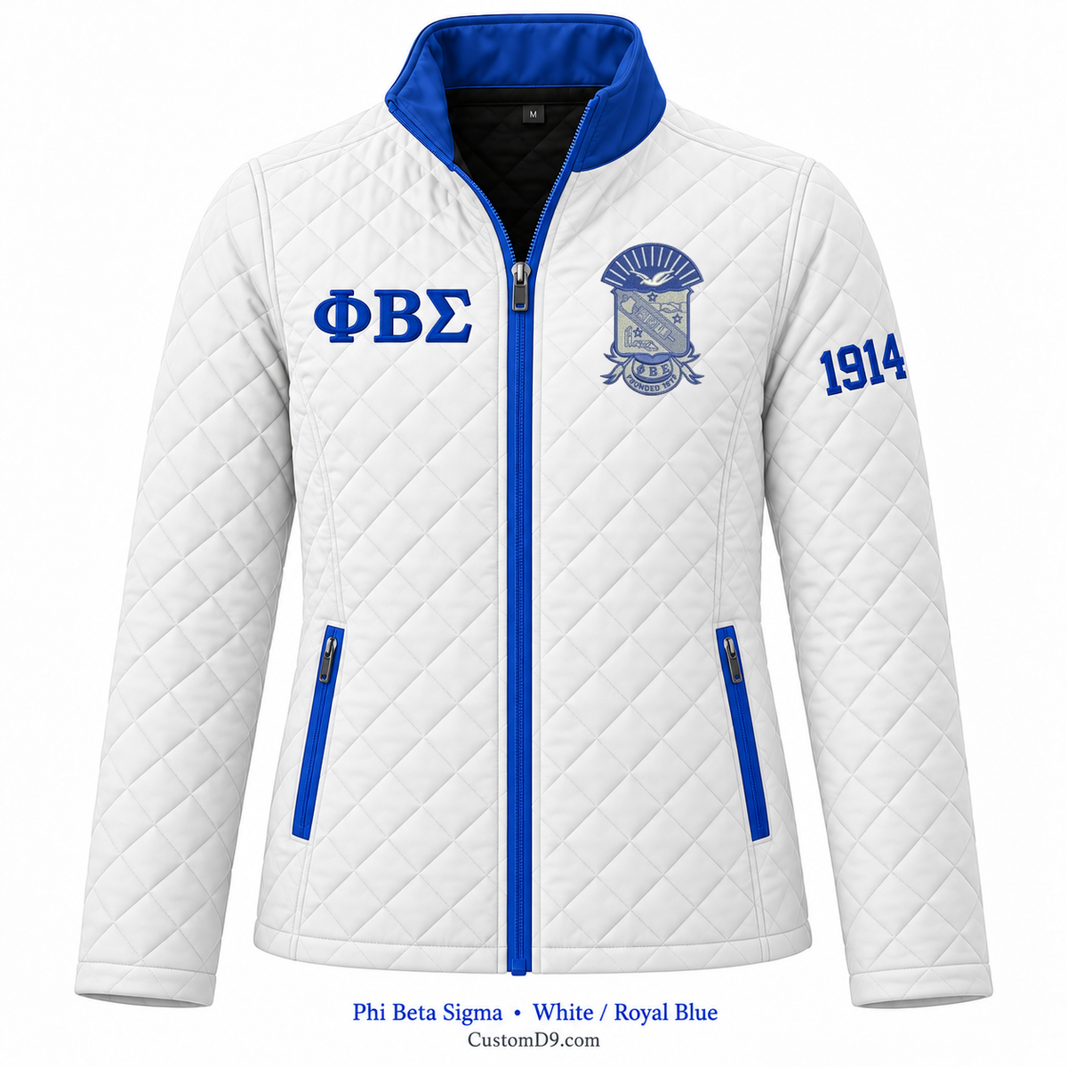 Phi Beta Sigma quilted jacket in White and Royal Blue; original crest, ΦΒΣ and 1914 sleeve customization example