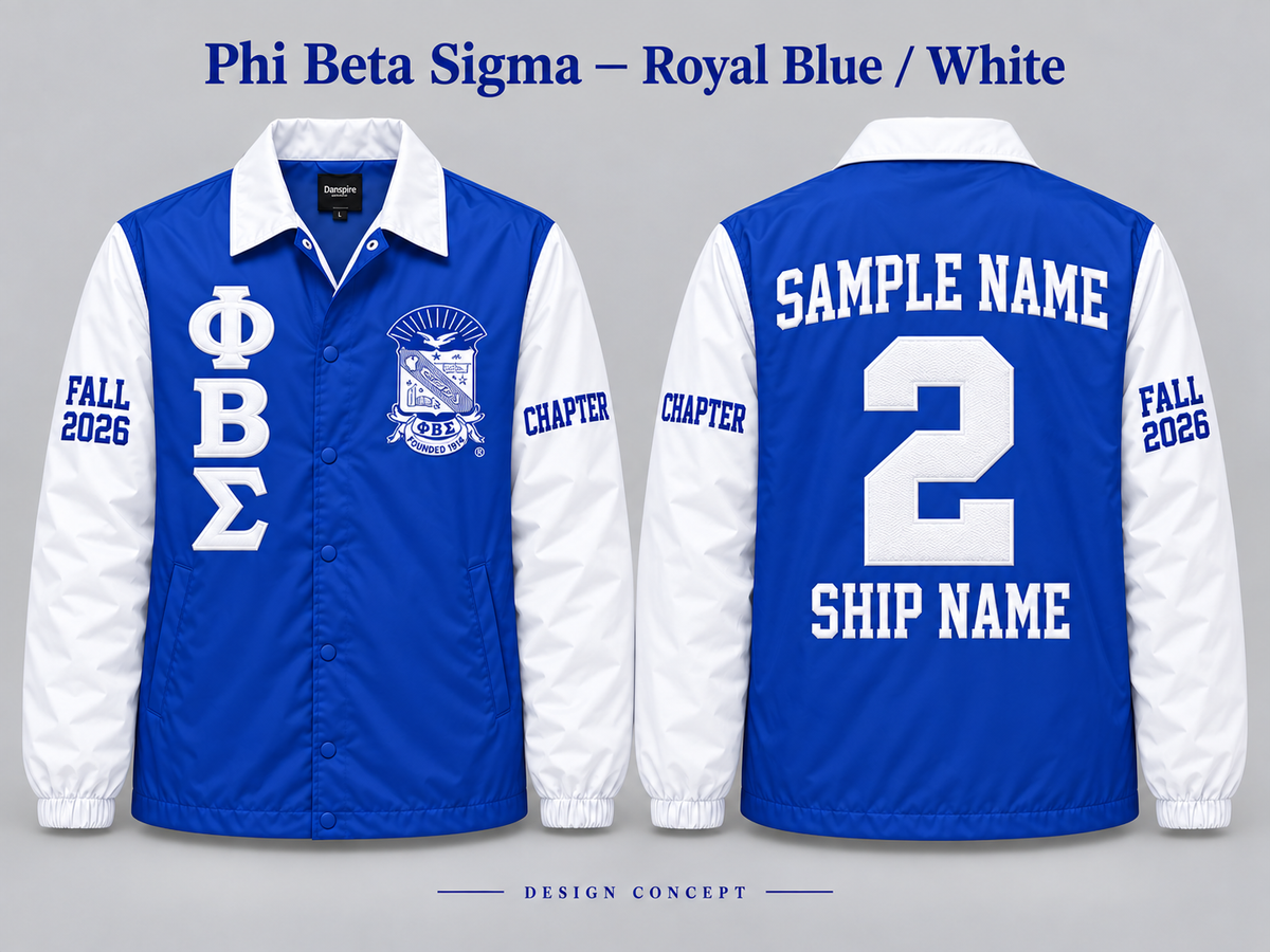 Phi Beta Sigma Royal Blue body with White collar and sleeves contrast line jacket, front and back sample embroidery