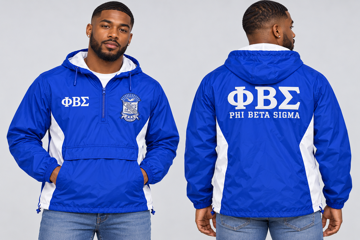 Black man modeling Phi Beta Sigma royal blue and white custom embroidered men's hooded anorak windbreaker jacket, front and back views.