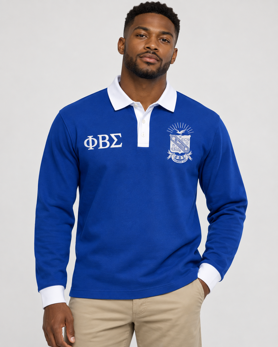 Phi Beta Sigma royal blue body white collar placket and cuffs long sleeve contrast polo on male model