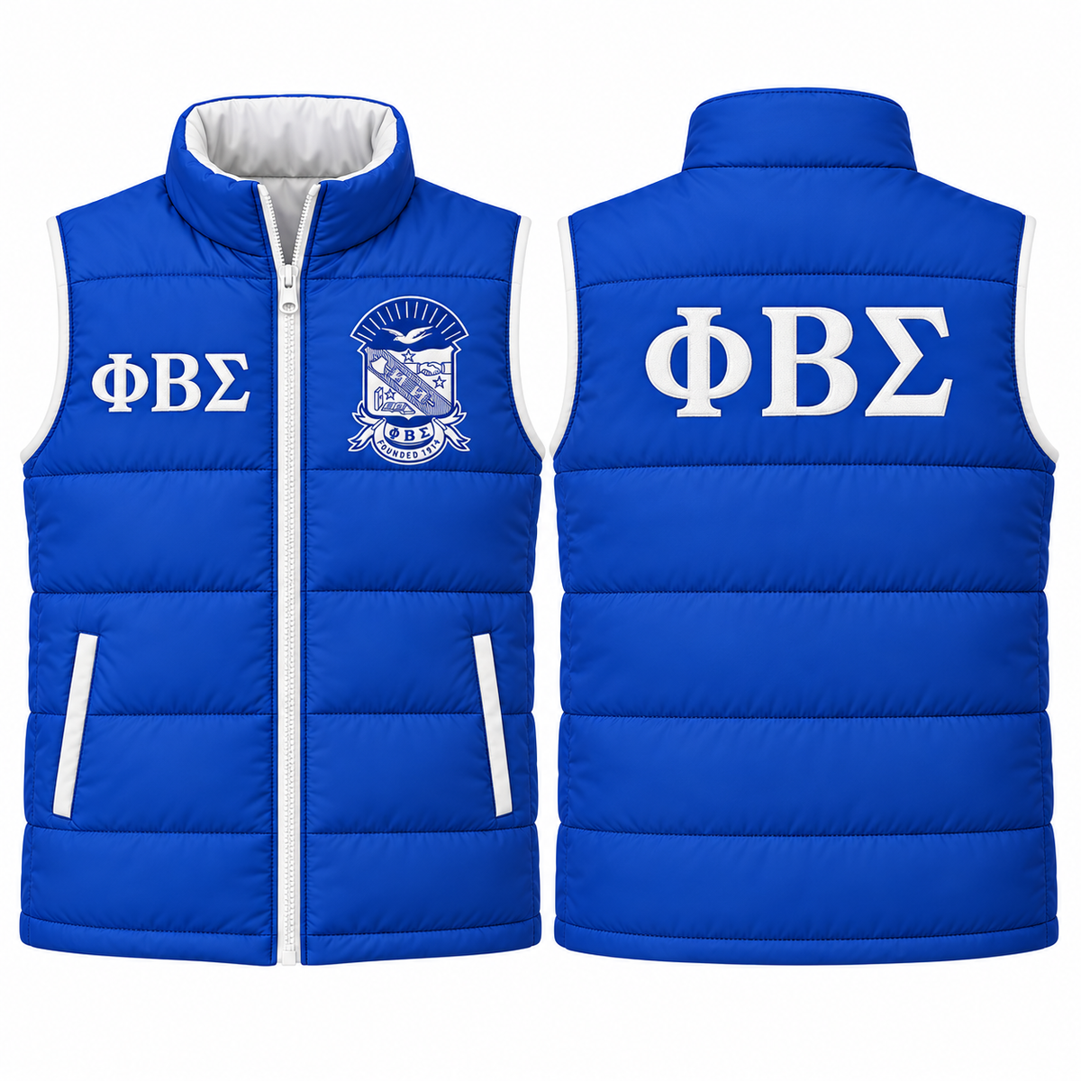 Phi Beta Sigma royal blue and white custom embroidered puffer vest front and back