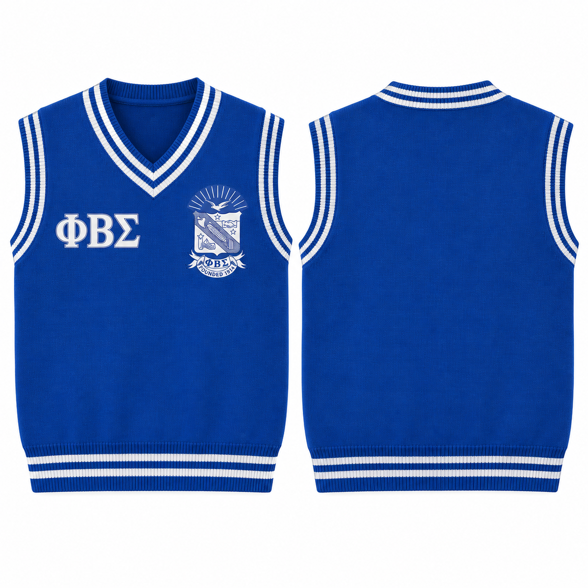 Phi Beta Sigma royal blue and white varsity sweater vest front and back