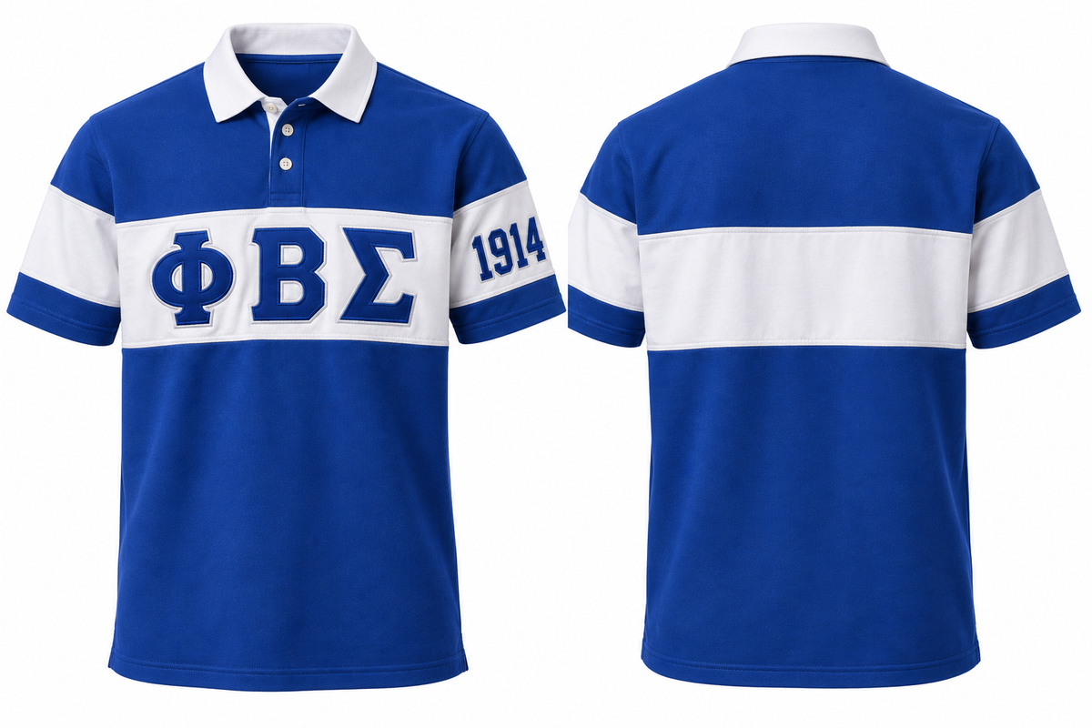 Phi Beta Sigma royal blue and white sewn-panel rugby polo front and back