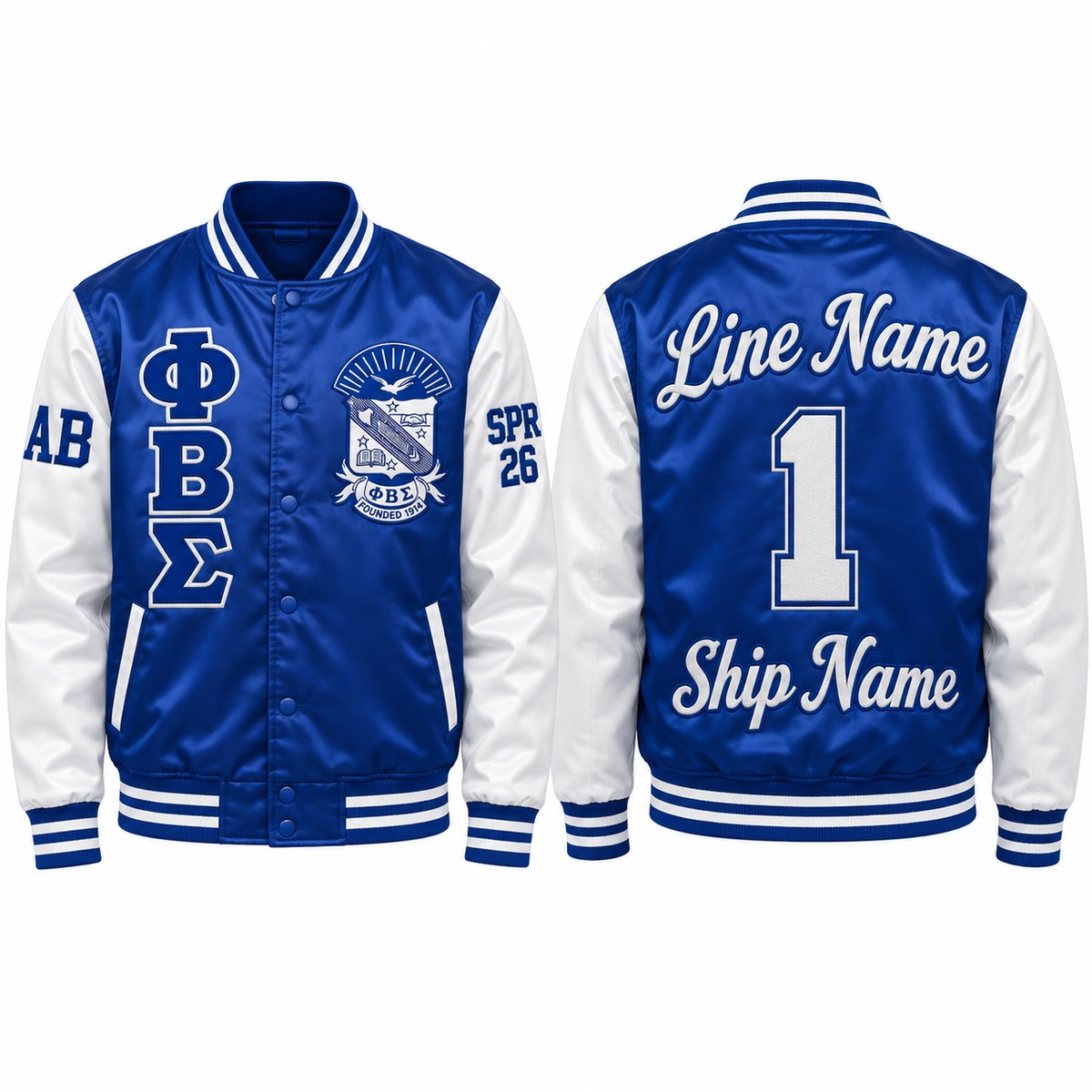 Phi Beta Sigma custom embroidered satin bomber jacket royal blue and white front and back personalization sample
