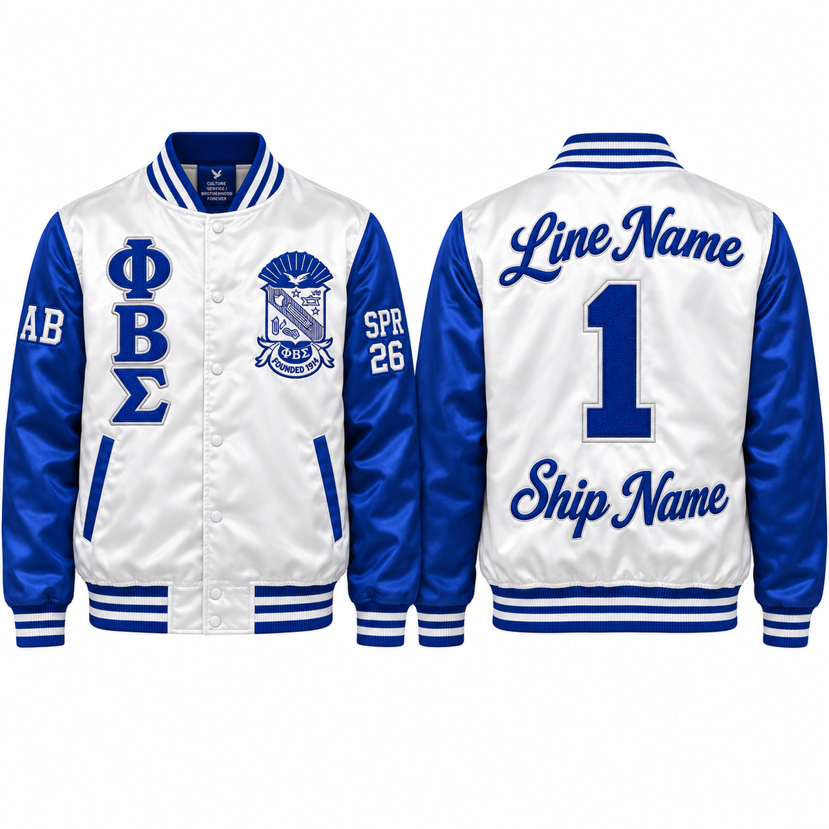 Phi Beta Sigma custom embroidered satin bomber jacket white and royal blue front and back personalization sample