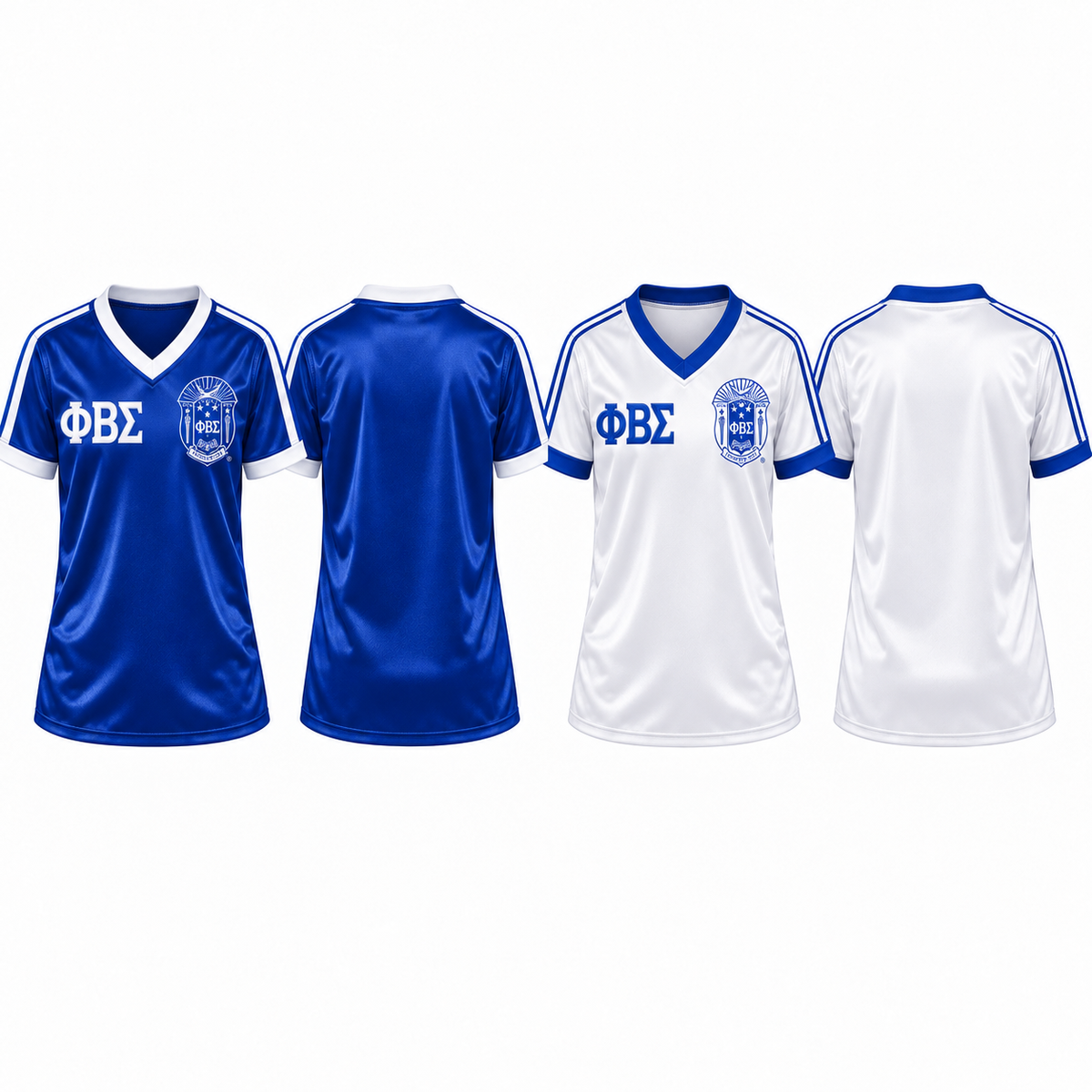 Phi Beta Sigma royal blue and white satin football jersey colorways front and back