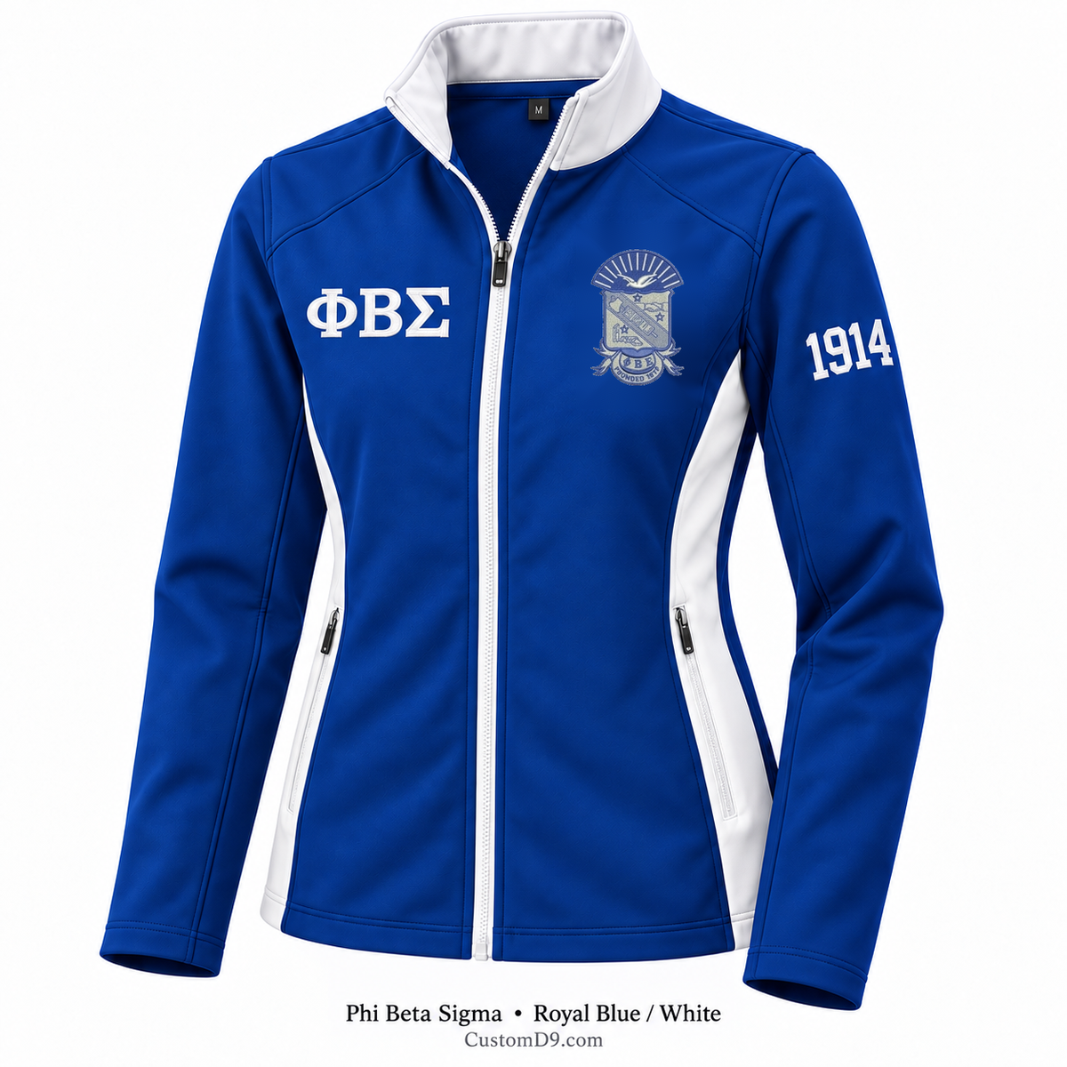 Phi Beta Sigma Custom Softshell Jacket – Royal Blue / White; original crest artwork, Greek letters and founding year customization example