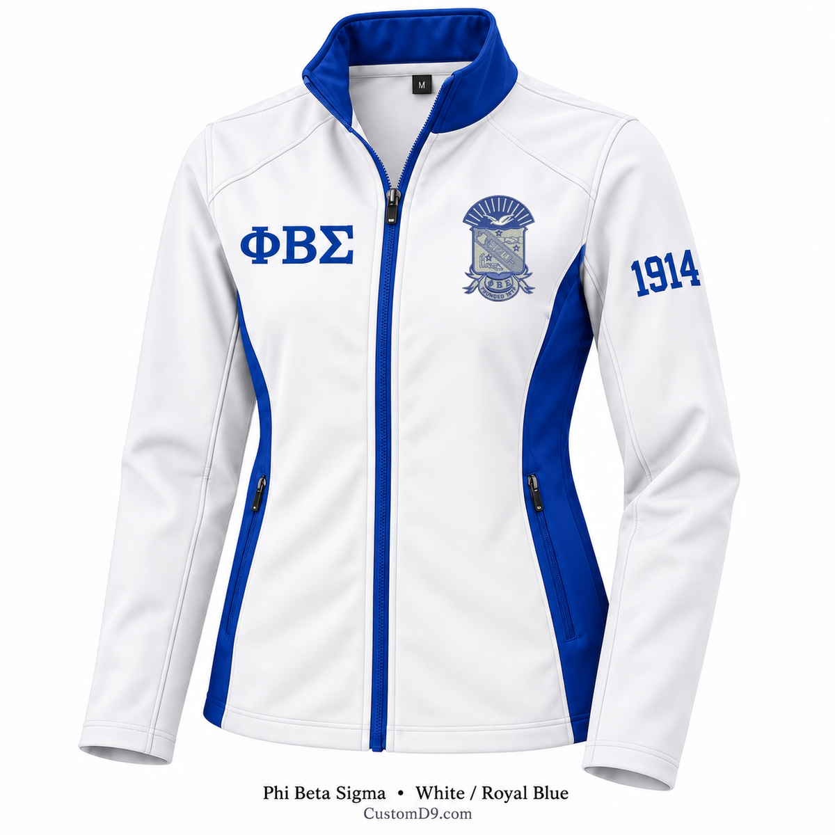 Phi Beta Sigma Custom Softshell Jacket – White / Royal Blue; original crest artwork, Greek letters and founding year customization example