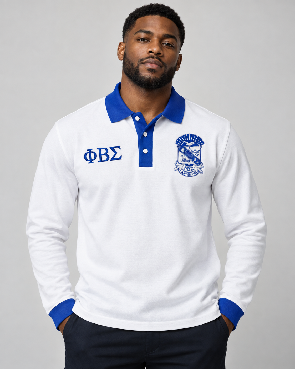 Phi Beta Sigma white body royal blue collar placket and cuffs long sleeve contrast polo on male model