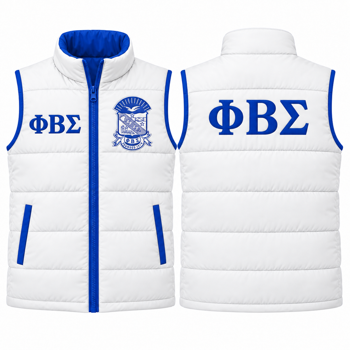 Phi Beta Sigma white and royal blue custom embroidered puffer vest front and back
