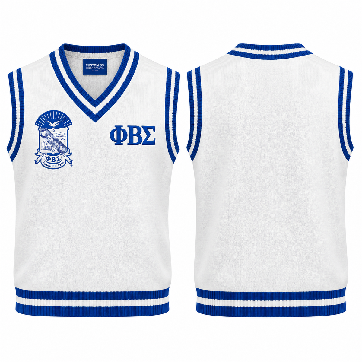 Phi Beta Sigma white and royal blue varsity sweater vest front and back
