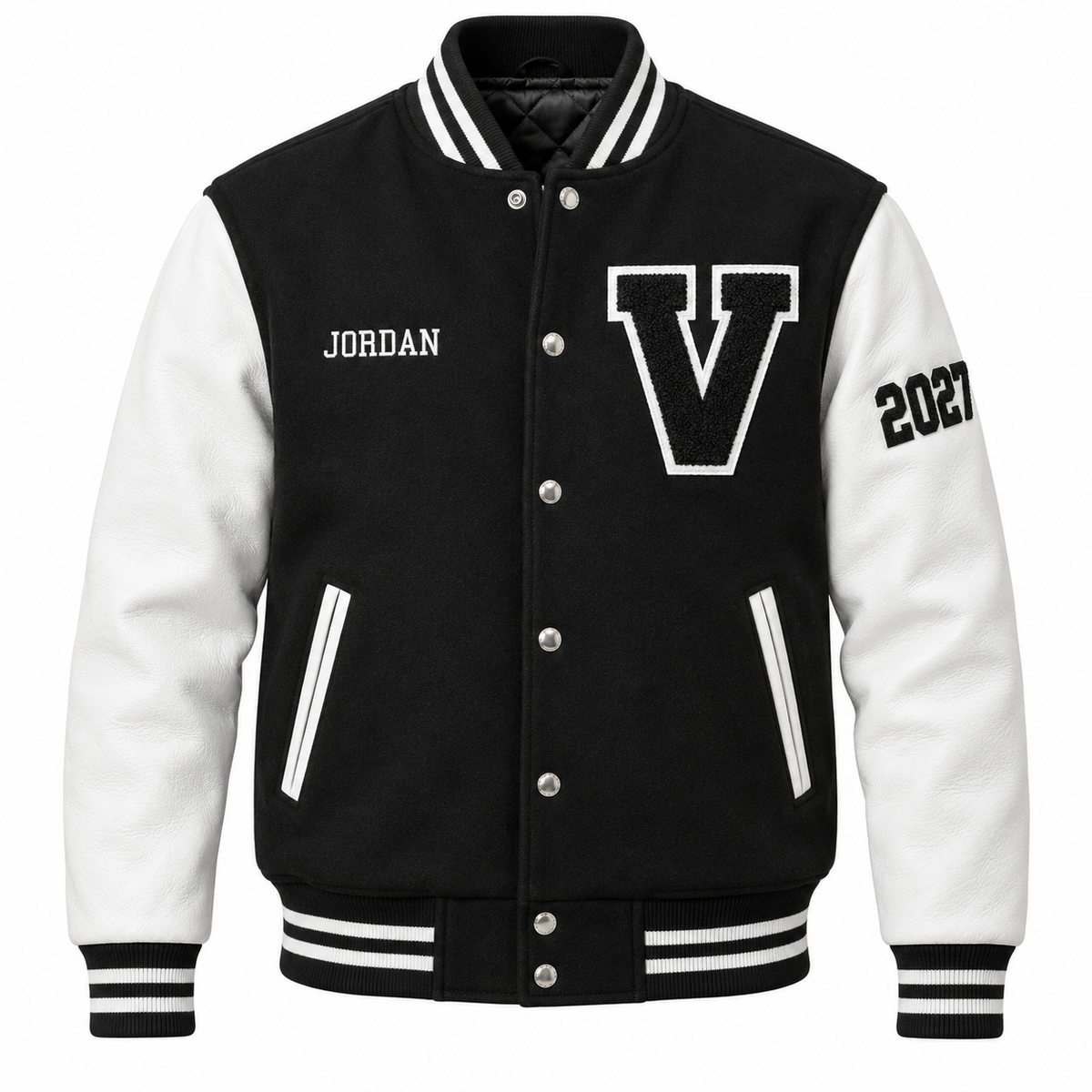 Premium custom black and white high school letterman jacket with genuine leather sleeves