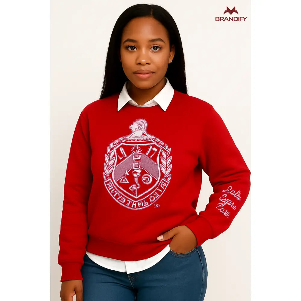 Custom Custom Red Delta Shield Chenille Sweatshirt | Custom D9 personalized Greek apparel design