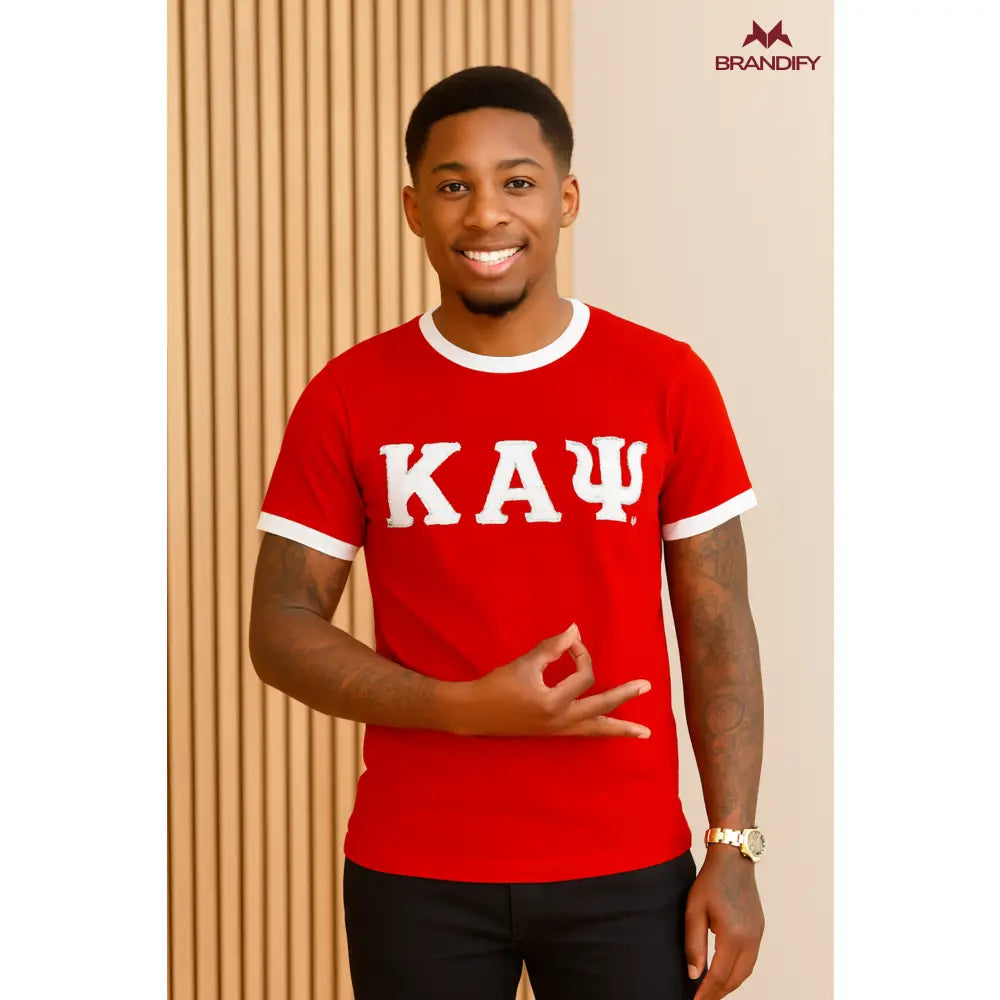 Custom Custom Red/White ΚΑΨ Ringer Chenille Tee | Custom D9 personalized Greek apparel design